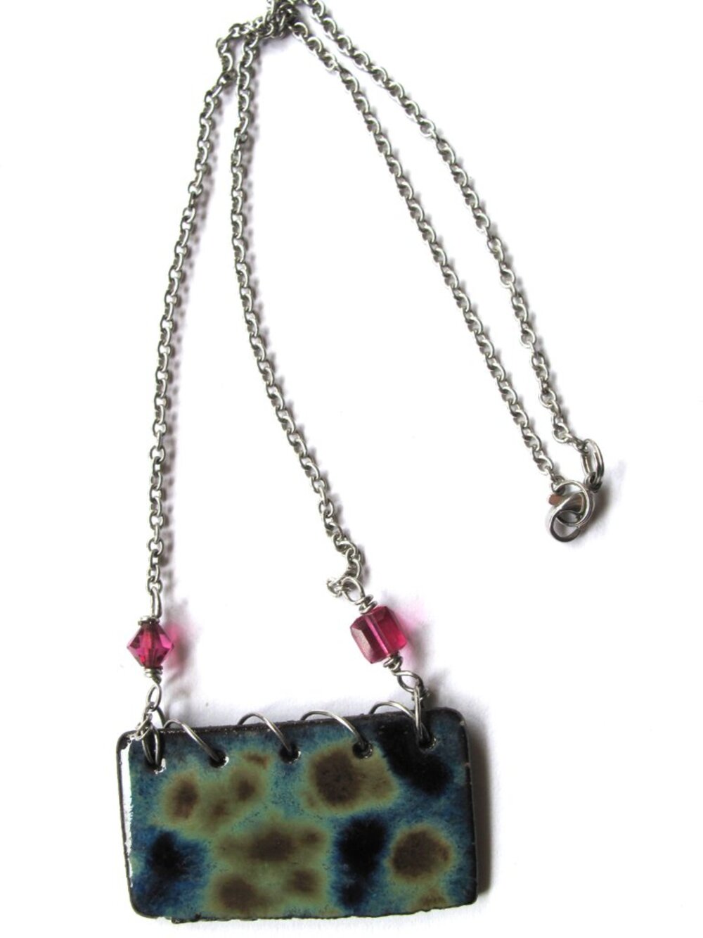 Necklace Green blue yellow tones glazed ceramic & metal jewelry